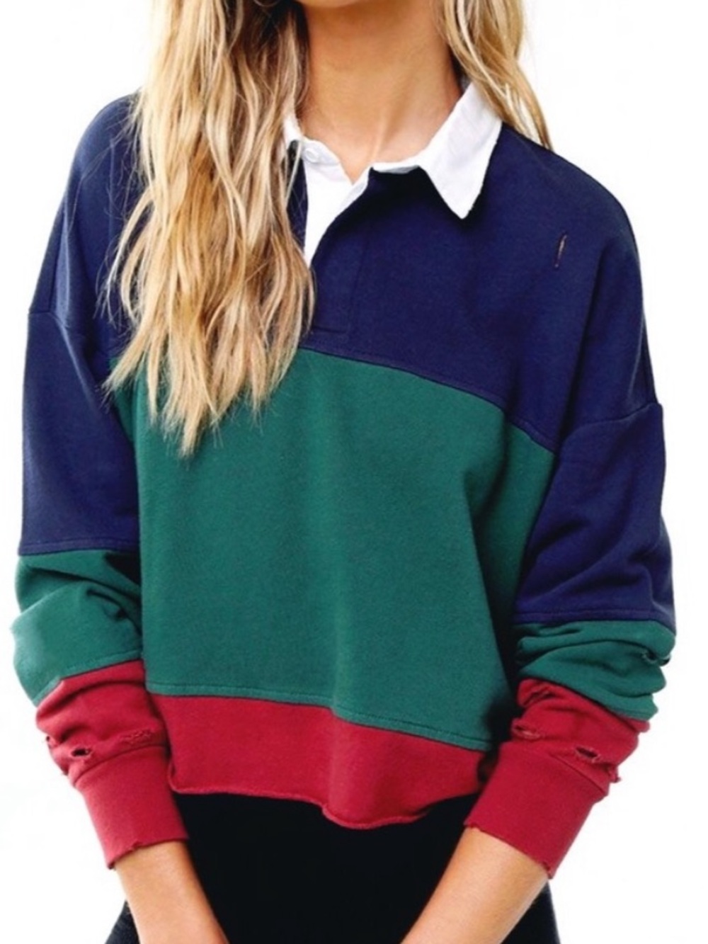 Vintage Rugby Striped Shirt large F21 Distressed Colorblock cropped